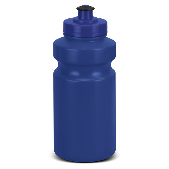 A blue drink bottle with a wide body and a black flip-top lid. It features a logo on the side.
