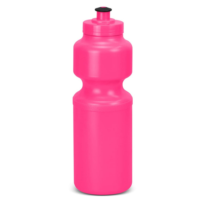 A drink bottle in vibrant pink with a black cap and a contoured shape, featuring a logo on the front.