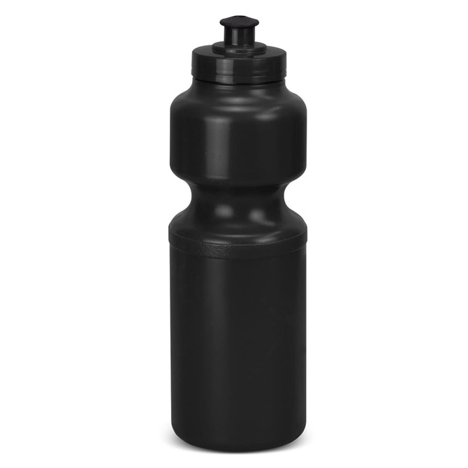 A drink bottle in black, featuring a sleek design and a twist-off lid, with a branding logo.