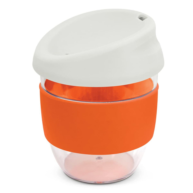 A drink bottle featuring a clear body, orange band, and a white lid, designed as a reusable coffee cup.