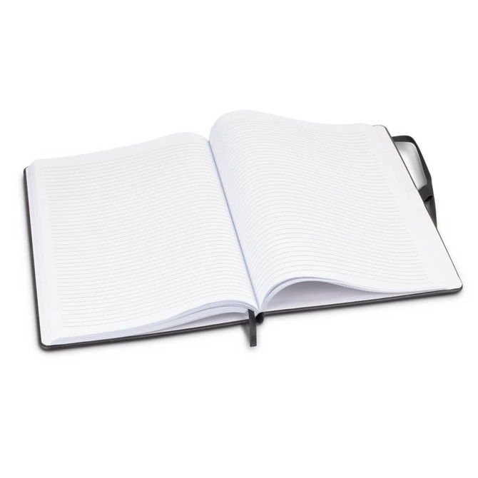 A large black hardcover notebook with blank lined pages, open to display the interior.