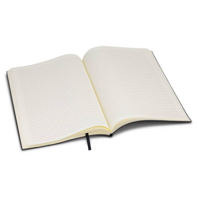A large Genoa soft cover notebook featuring blank lined pages and a black cover.