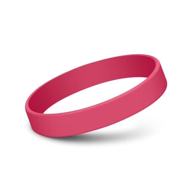 A pink silicone wristband with a smooth finish, featuring a branding logo.