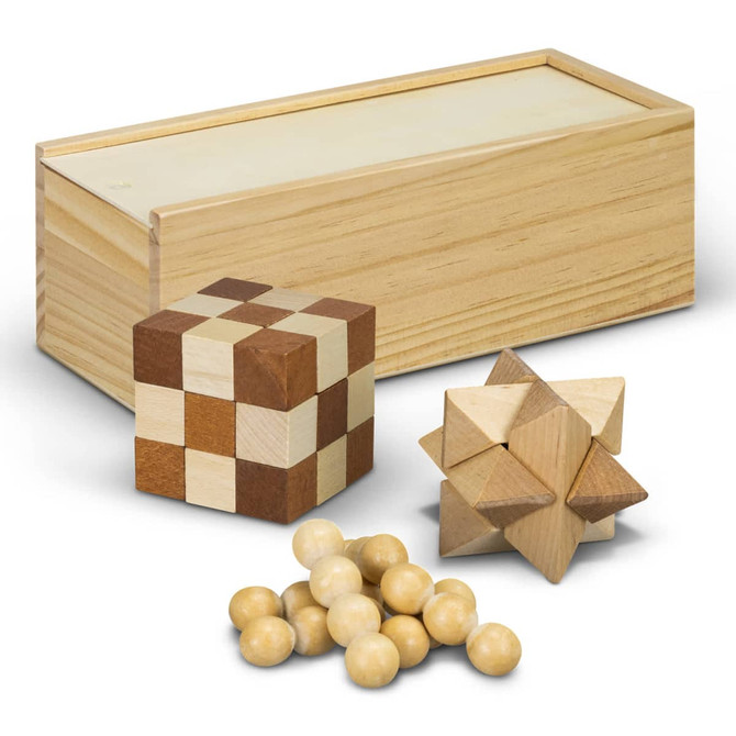 A wooden brain teaser set featuring various puzzles and a storage box, in light and dark wood tones.