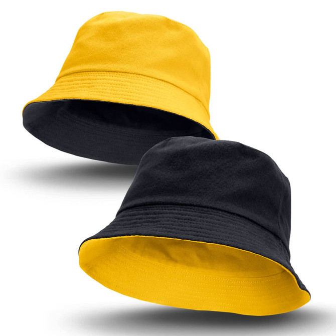 A reversible bucket hat featuring yellow and black colours, with a simple logo on one side.