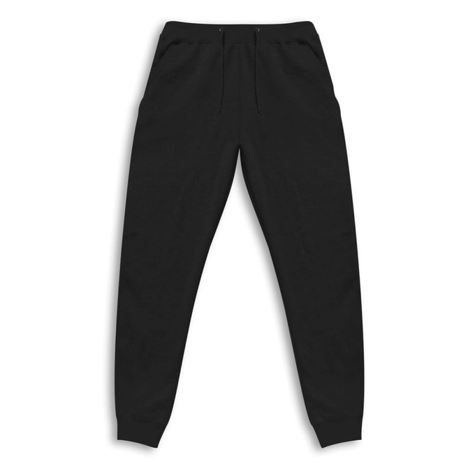 Black unisex sweatpants with a drawstring waist and side pockets, featuring a branding logo.
