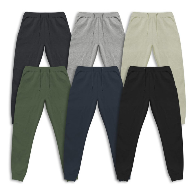 A collection of unisex sweatpants in six colours: grey, black, navy, olive green, beige, and dark grey, featuring a logo.