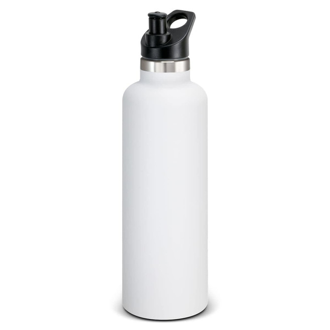 A drink bottle in white with a black lid and spout, featuring a metallic band near the top.