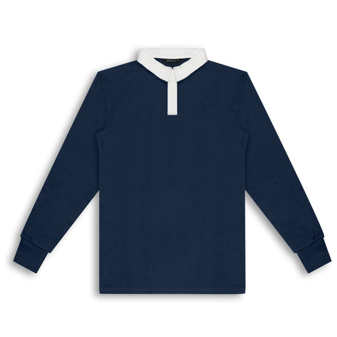 A navy blue unisex rugby jersey with a white collar and long sleeves. It features a logo on the chest.