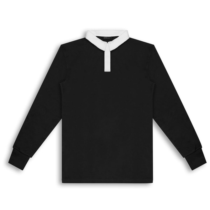 A black unisex rugby jersey featuring a white collar and long sleeves. Includes a logo on the chest.