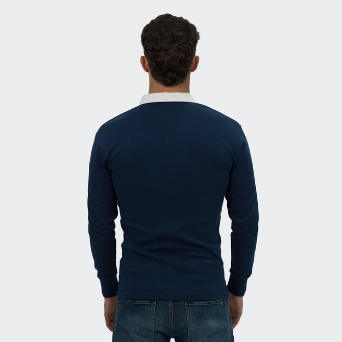 A unisex rugby jersey in navy with a white collar, featuring a simple design and long sleeves.