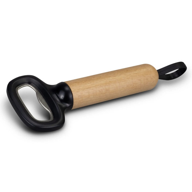 A drink bottle opener with a wooden handle and a black metal end, featuring a loop for easy storage.