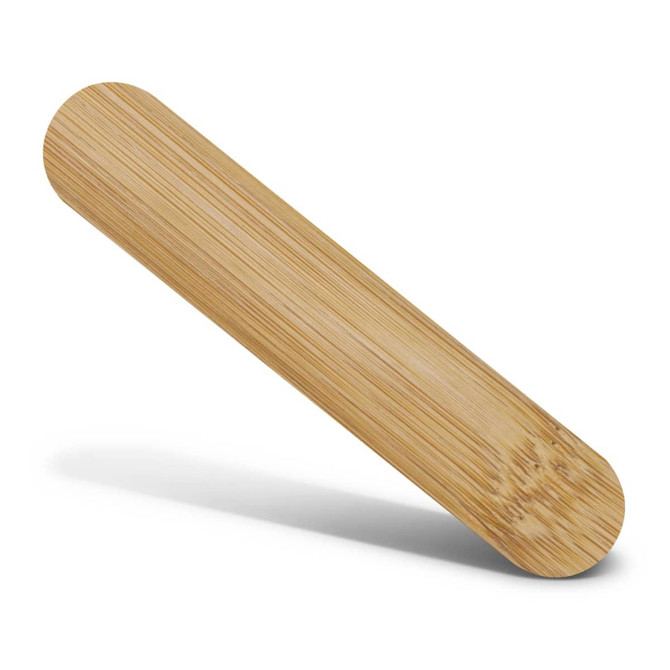A bamboo nail file with a smooth, natural finish and rounded edges, featuring a light brown colour.