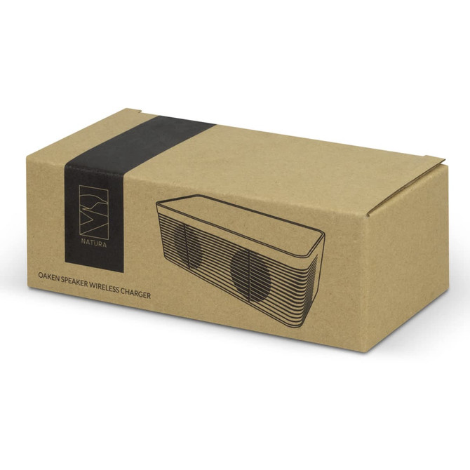 A brown cardboard box containing the NATURA Oaken Speaker Wireless Charger, featuring a simple design and logo.