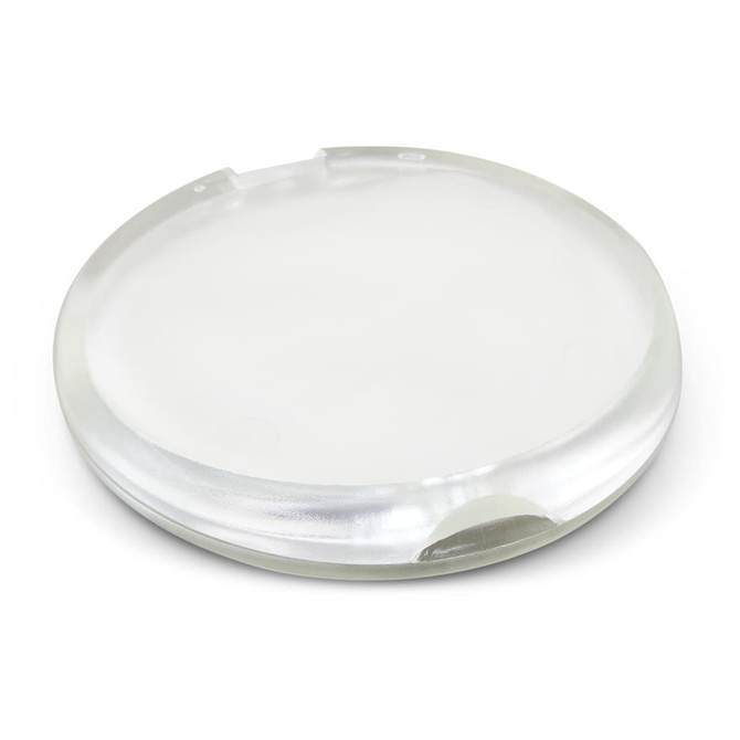 A round, transparent travel case designed for hand soap, featuring a sleek, smooth surface.