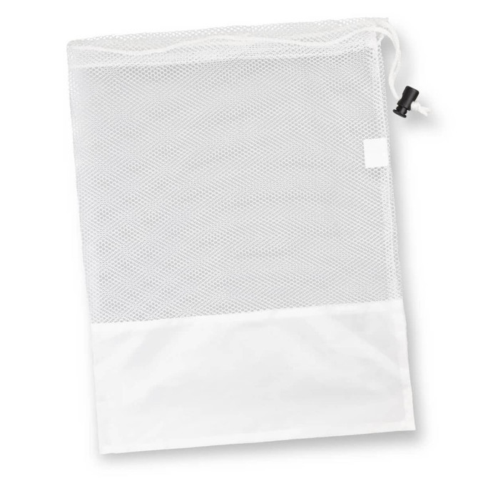 A white drawstring mesh bag with a solid white bottom and a black toggle closure. It features a logo.