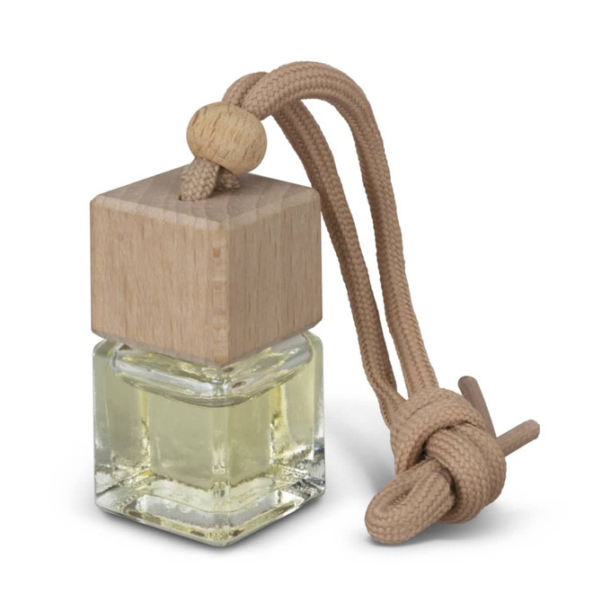 A glass bottle with a wooden top and a beige hanging cord, containing a clear liquid for a car air freshener.