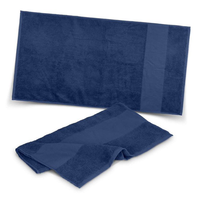 A navy blue Fit Sports Towel, featuring a textured surface and a smooth band. Includes two towels in different sizes.