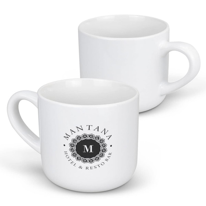 A white coffee mug featuring a circular logo with intricate designs. The mug has a comfortable handle.