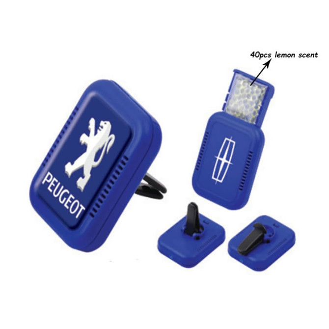 A blue car air freshener with a logo, featuring compartments for lemon-scented inserts and clip attachments.