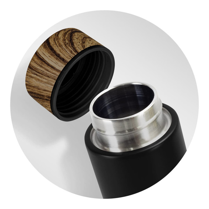 A drink bottle with a sleek black body and a wooden-patterned lid, featuring a stainless steel rim.