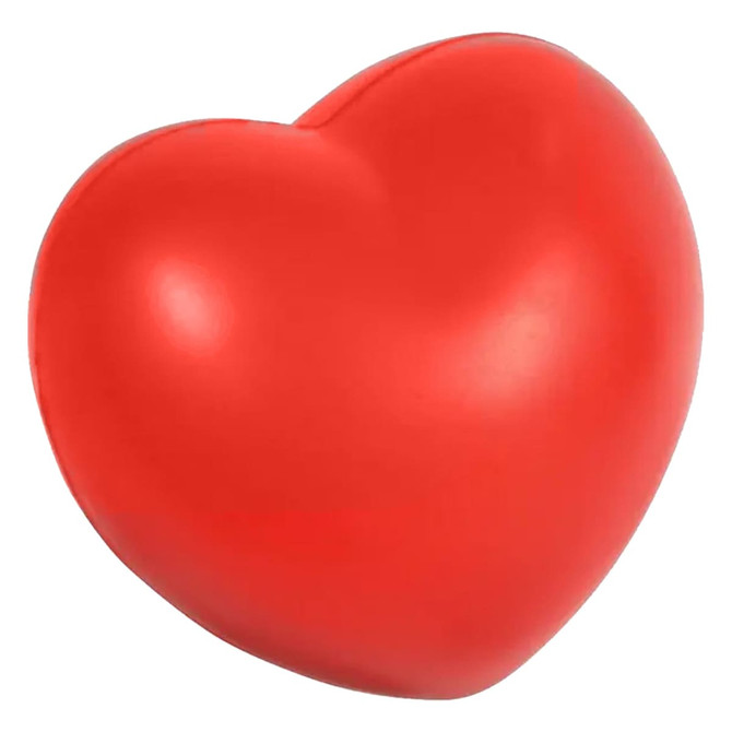 A small, red heart-shaped stress relief toy made of soft material, featuring a smooth finish.
