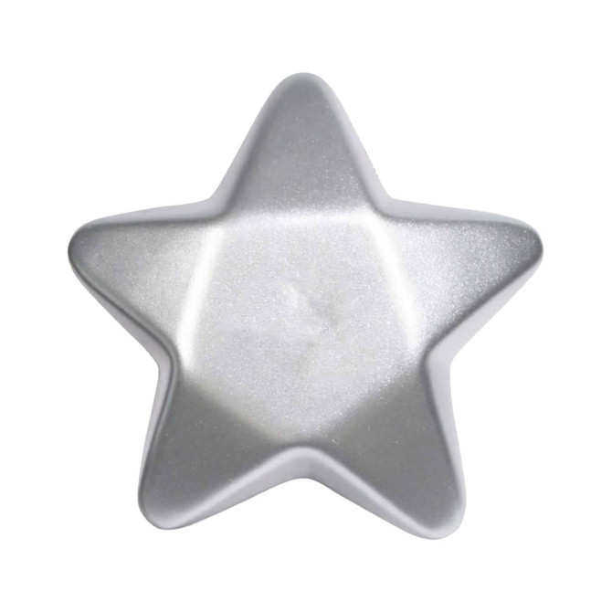 A silver star-shaped stress toy with a smooth, glossy surface. It has a subtle shimmer and a star design.