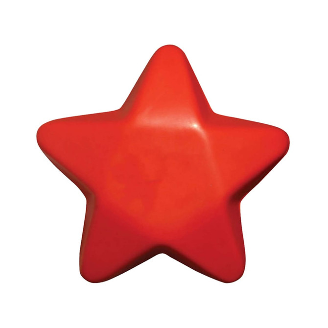 A red star-shaped stress toy with a smooth surface and rounded edges. It features a logo.