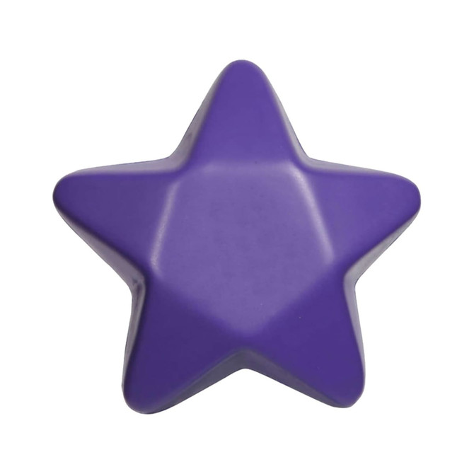 A purple star-shaped stress toy with a smooth surface and rounded edges. It has a logo on one side.