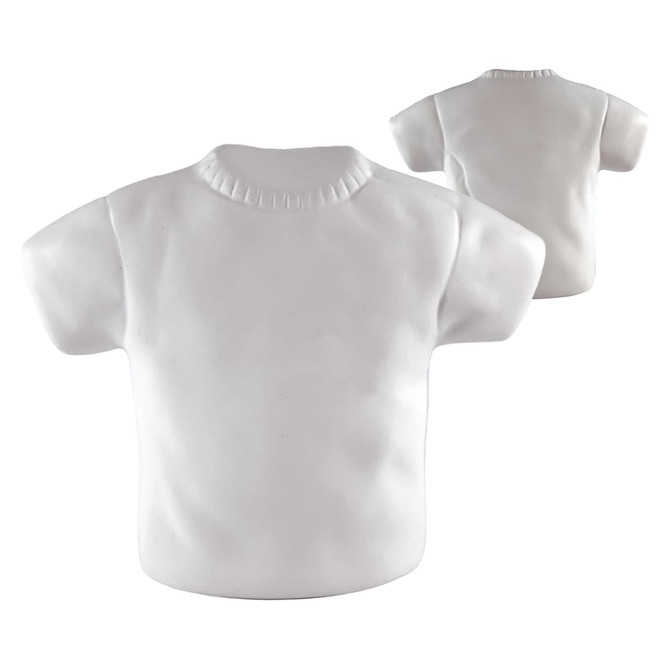 A white stress relief t-shirt shaped squishy toy with a round neck and short sleeves. It has a simple design and no visible branding.