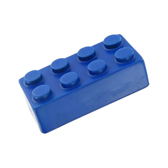A blue stress building block shaped like a classic toy block, featuring rounded studs on top and a smooth surface.