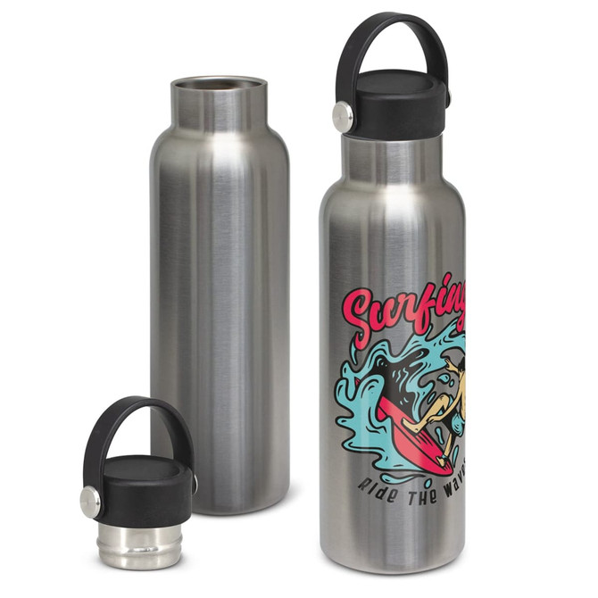 A drink bottle in stainless steel with a black carry lid, featuring a colourful surfing design.