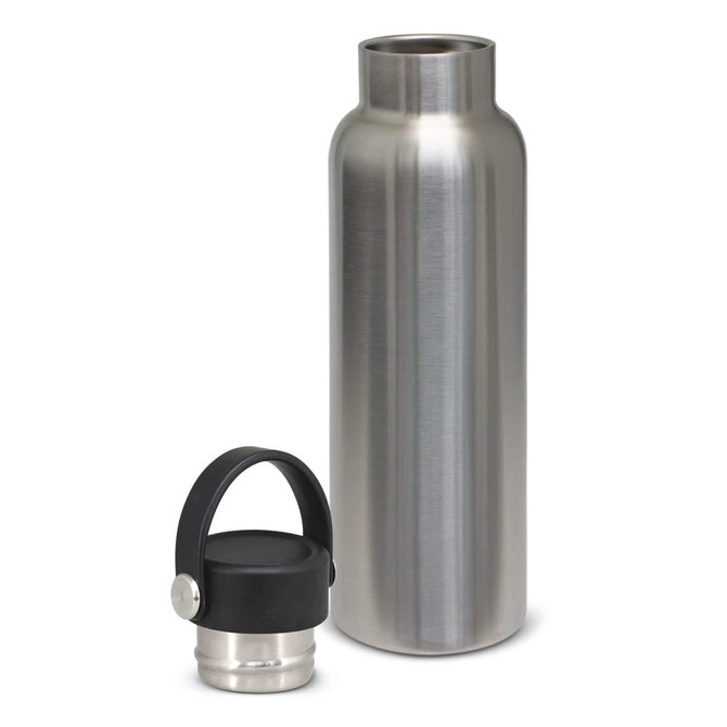 A drink bottle made of stainless steel with a removable black carry lid. It features a sleek, polished finish.
