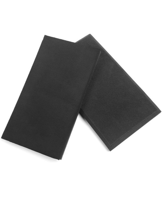 Removable knee pads in black, featuring a smooth texture and a flexible design, with a logo present.