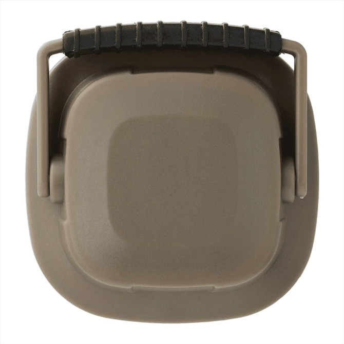 A mini camping lantern in olive green, featuring a sturdy handle for easy carrying. It has a smooth, square shape.