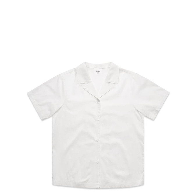 A white short-sleeved pyjama top with a collar and buttons, featuring a logo on the fabric.