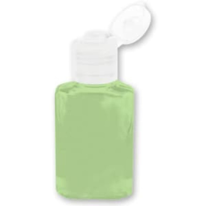 A green 30ml hand sanitiser gel bottle with a white cap, featuring a logo on the front.
