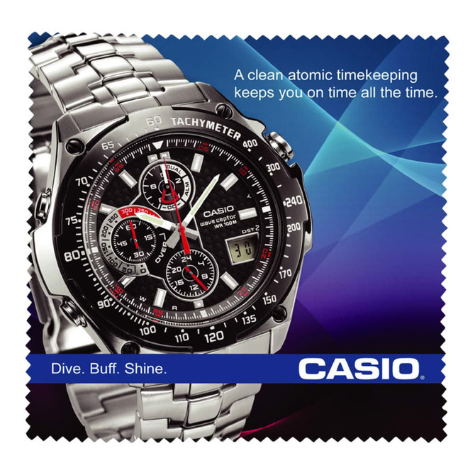 A grey microfibre cleaning cloth with a logo, featuring a watch design and a multi-coloured abstract background.