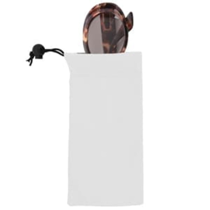 A white microfibre sunglass pouch with a pair of tortoiseshell sunglasses partially inside.