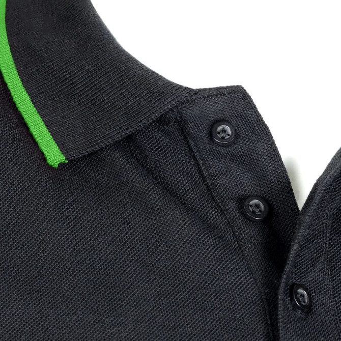 A black polo shirt with a green collar, featuring buttons and a logo.