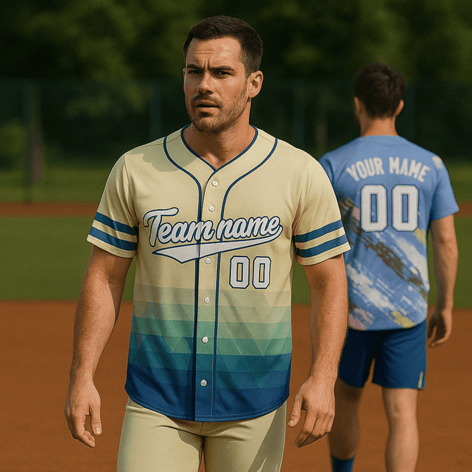 A baseball jersey featuring a gradient of colours with a logo and player numbers, worn by a man on a baseball field.