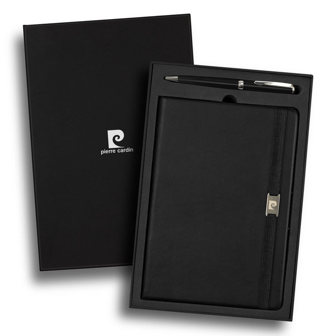A black notebook and silver pen set housed in a black gift box, featuring a brand logo.