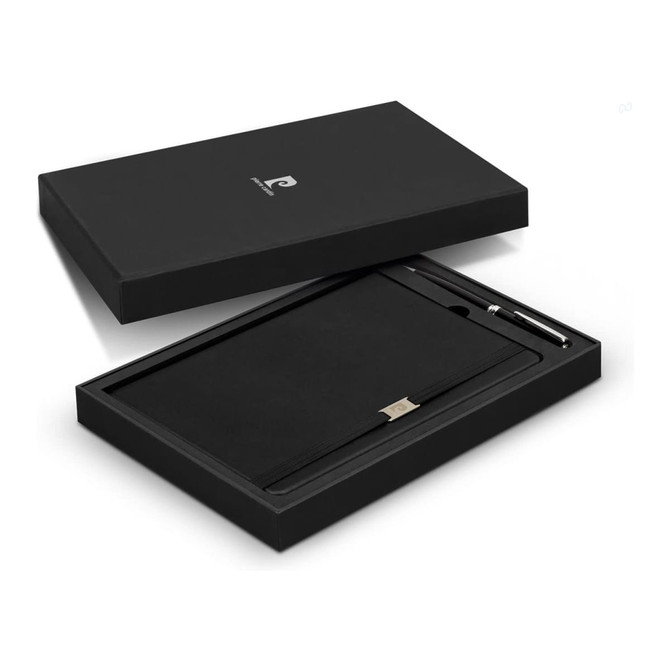 A black notebook and pen gift set displayed in an elegant black box featuring a logo.