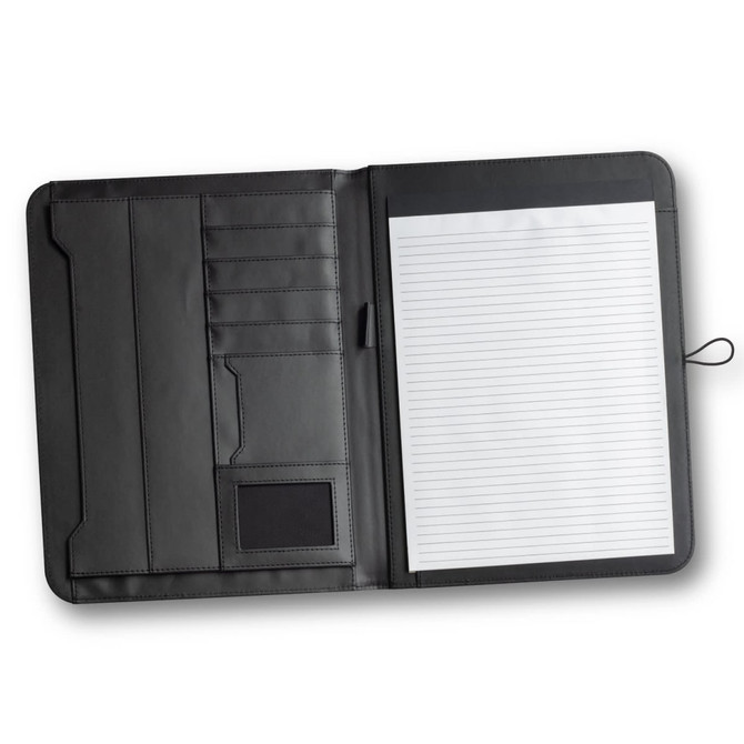 A black Melrose Portfolio featuring multiple card slots and a lined notepad on the right side.