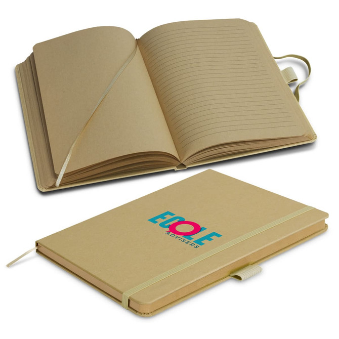 A kraft-coloured notebook with lined pages, featuring a logo and a stretchy band closure.