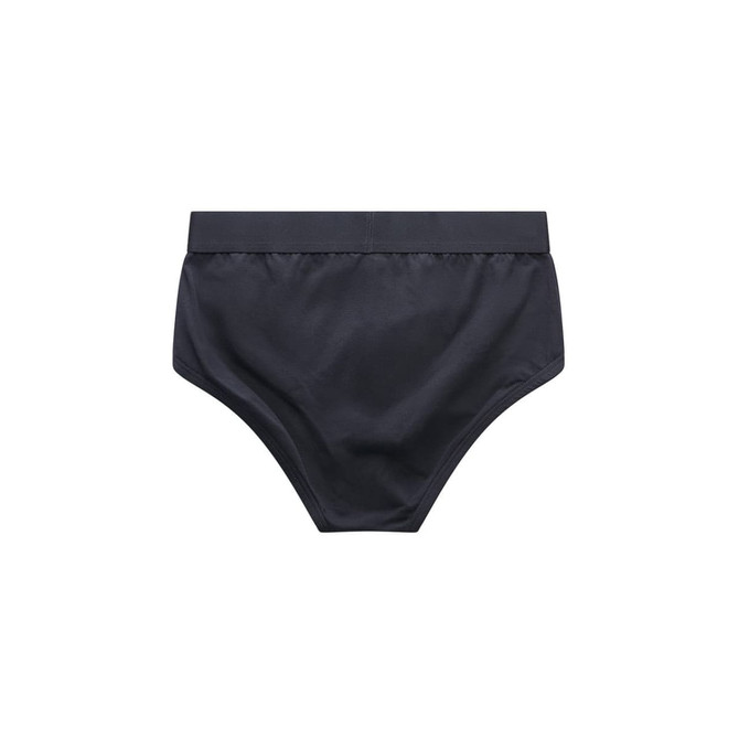 A pair of navy Y-Front briefs with a smooth, elastic waistband and a logo on the waistband.