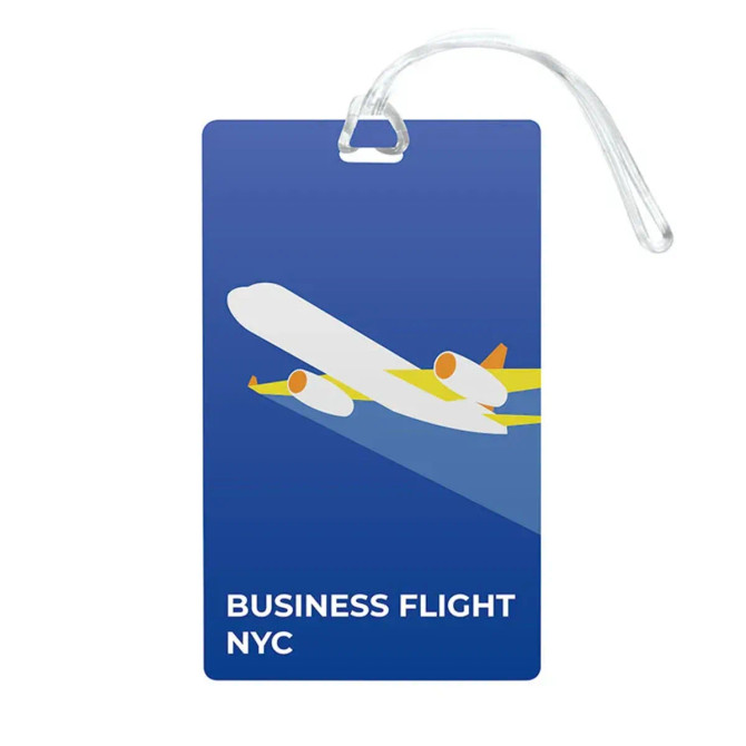 A blue luggage tag featuring a graphic of an airplane with orange and yellow accents. It has a loop for attachment.