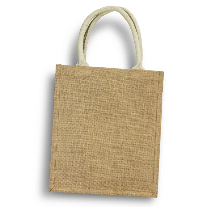 A jute tote bag in natural brown with cream handles, designed to carry three wine bottles. It has a logo.