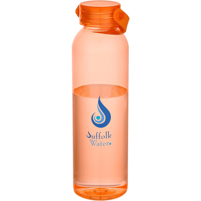 A drink bottle made of recycled plastic, featuring an orange body, clear liquid inside, and a logo.