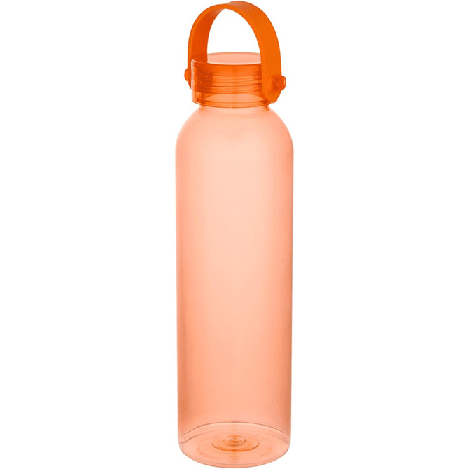 A drink bottle in translucent orange, featuring a handle and a logo.